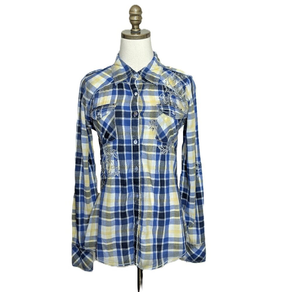 Roar Distressed Plaid Long Sleeve Shirt Women's Size M Blue Yellow Embroidered